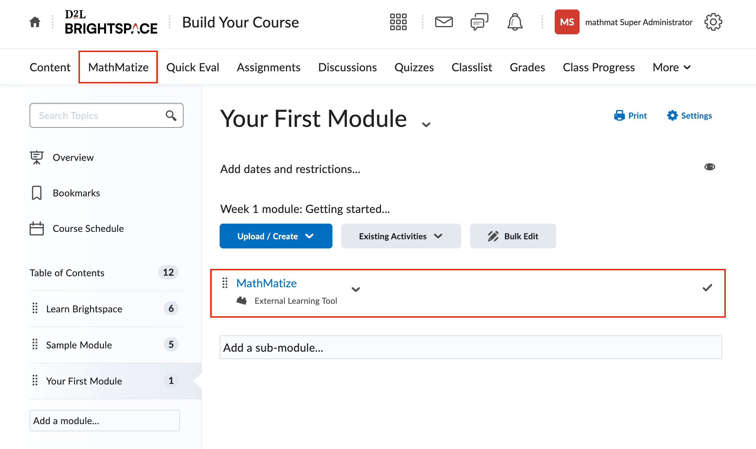 Brightspace MathMatize integration options